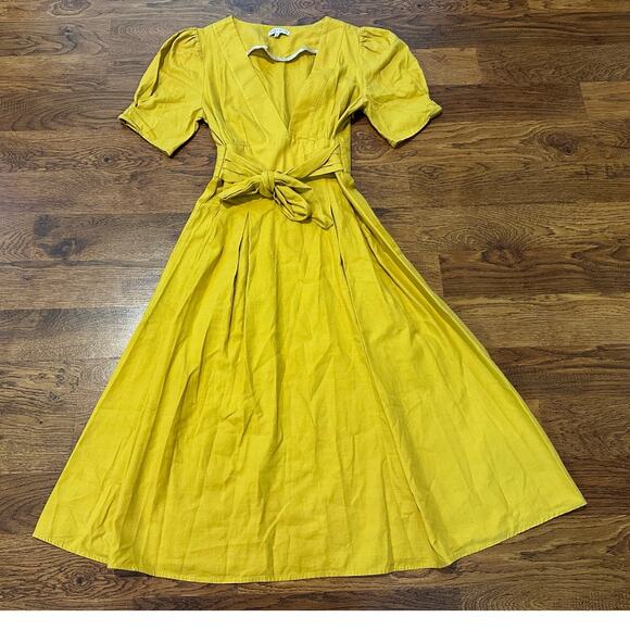 Moon River Women's Puff Sleeve A-Line Midi Dress Mustard Size Medium - Picture 2 of 9